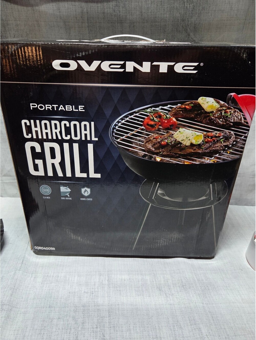 Ovente Portable Charcoal Grill with Dual Venting and Enamel-Coated Firebox